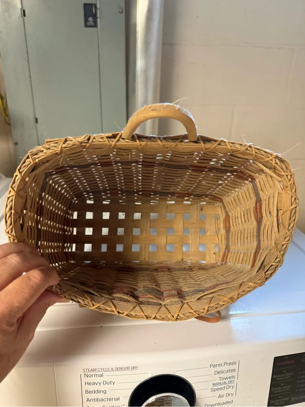 Vtg Hand Woven Basket with Rust Bow & Blue Accents Signed 1989 Rustic Country